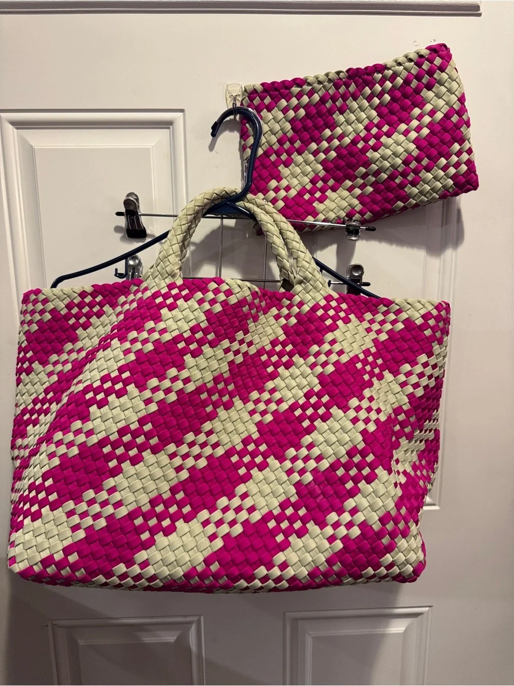 Naghedi St. Barths Hibiscus Large Plaid Tote Handwoven Neoprene Zip Pouch $350.0 - Picture 2 of 13